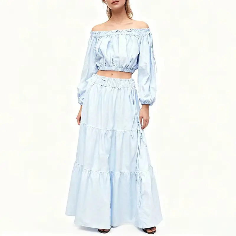 Women's Cotton-Linen Off-Shoulder Top and Tiered Maxi Skirt Set with Tie Details