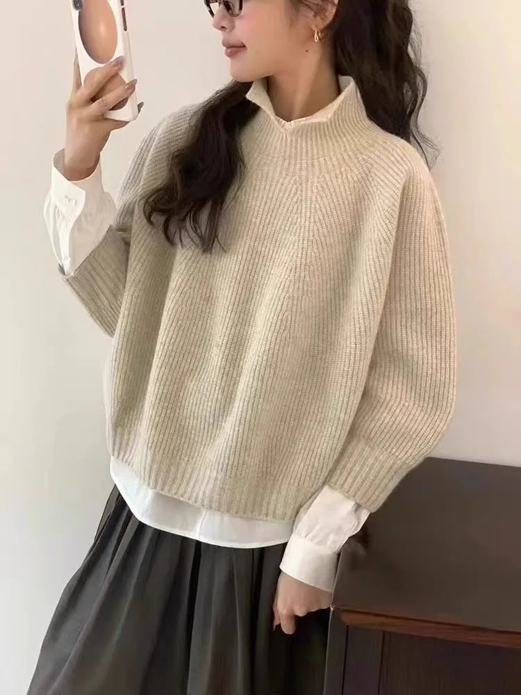 Half-open high-neck three-quarter sleeve cashmere sweater women loose cashmere sweater for autumn and winter thickened sweater