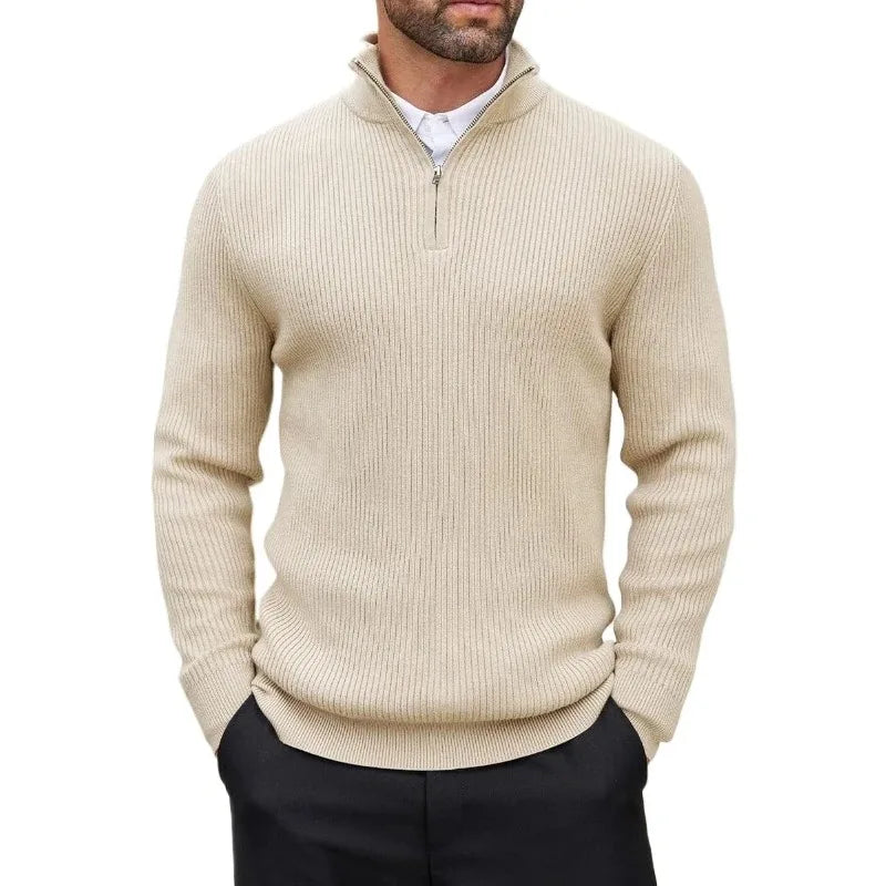 Men's Quarter Zip Ribbed Long Sleeve Sweater