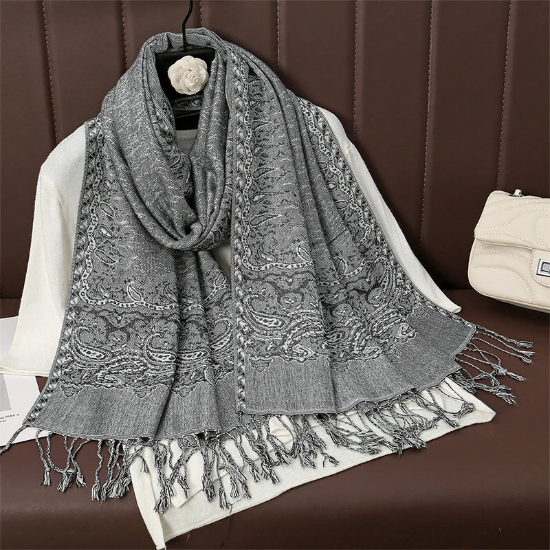 Paisley Floral Print Long Scarf with Fringed Ends