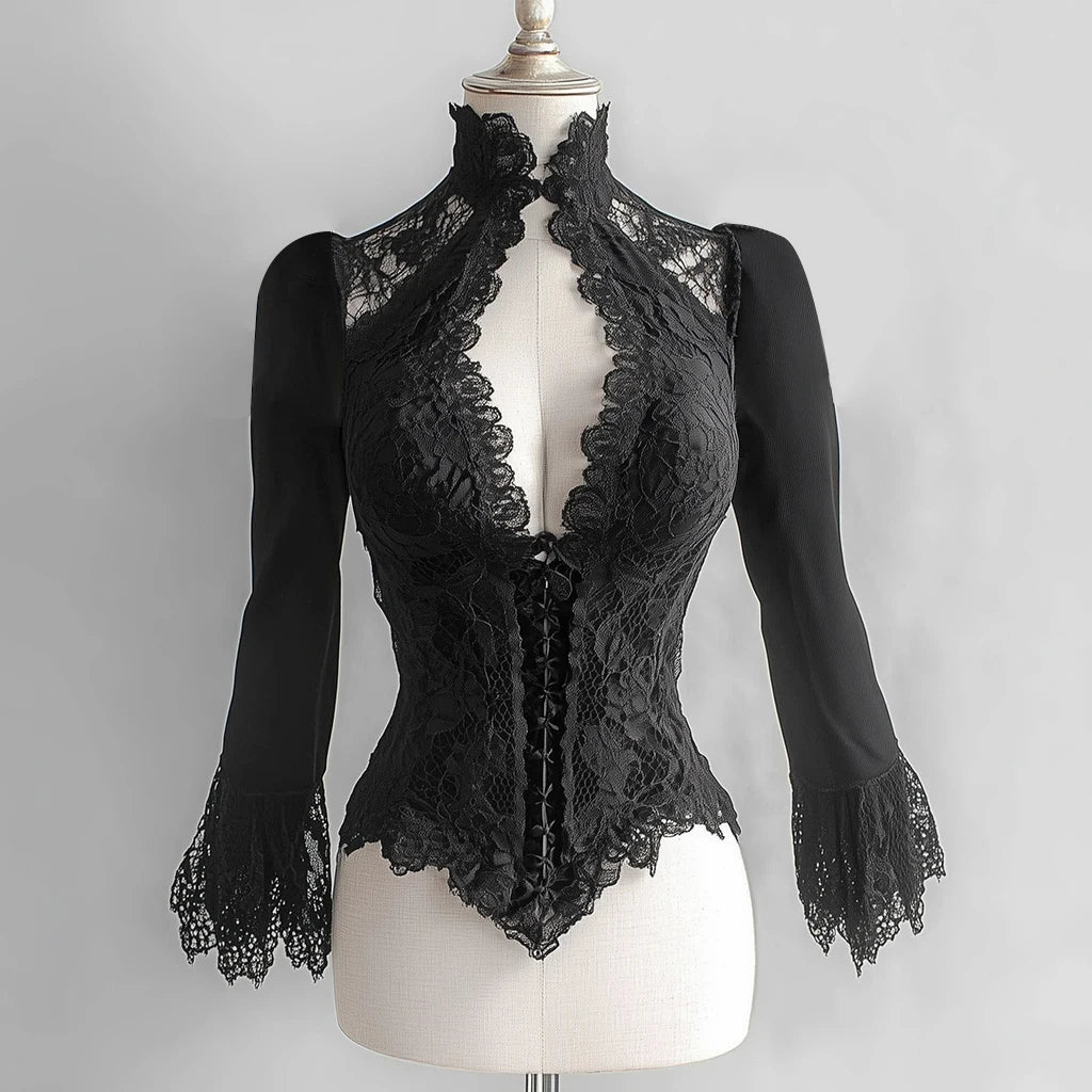 Women's Lace Detail Stand Collar Long Sleeve Blouse