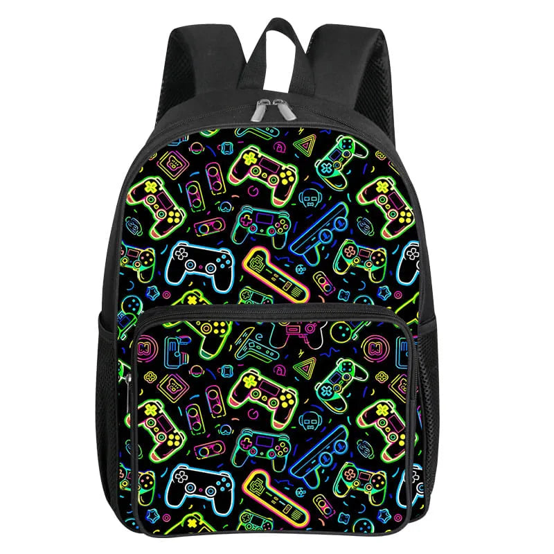 Children's Gamepad Print Backpack with Front Pocket and Twin Shoulder Straps