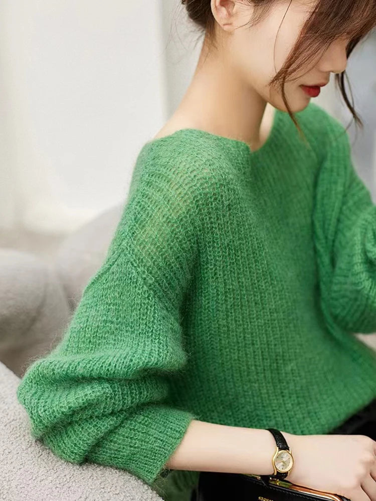 Women's Sheer Open Knit Crew Neck Sweater Casual Knit Layer