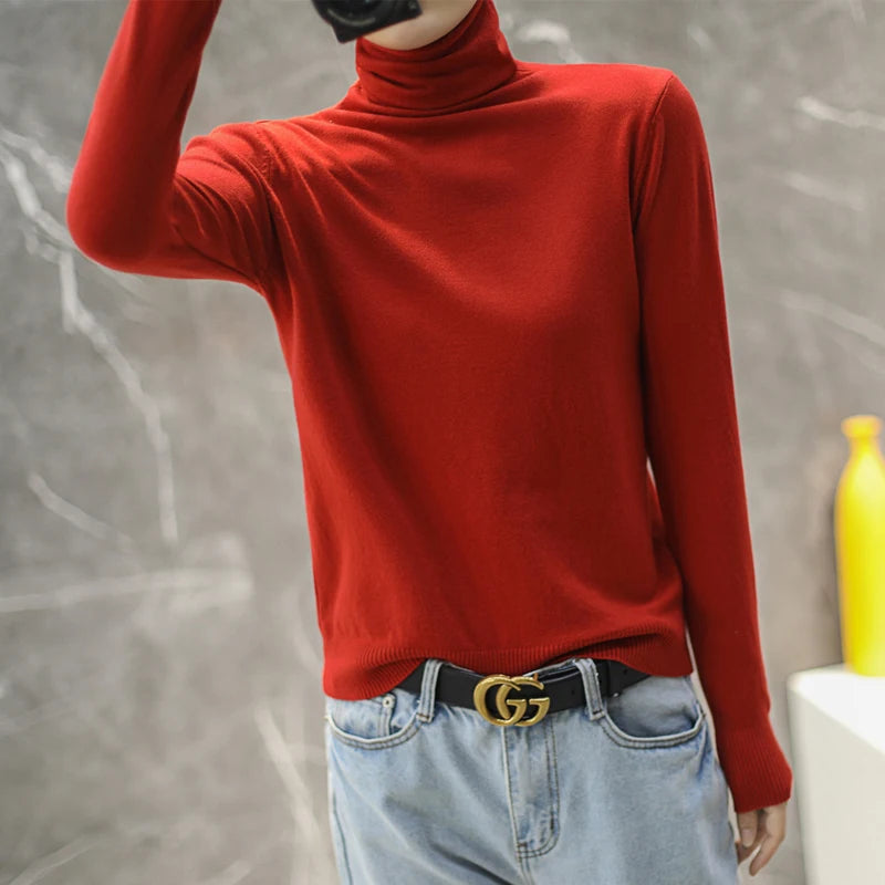 Women's Fitted Roll Neck Long Sleeve Sweater Casual Knit Layer