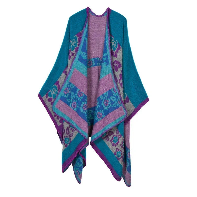 Patterned Fringed Open Front Poncho for Layering over Outfits