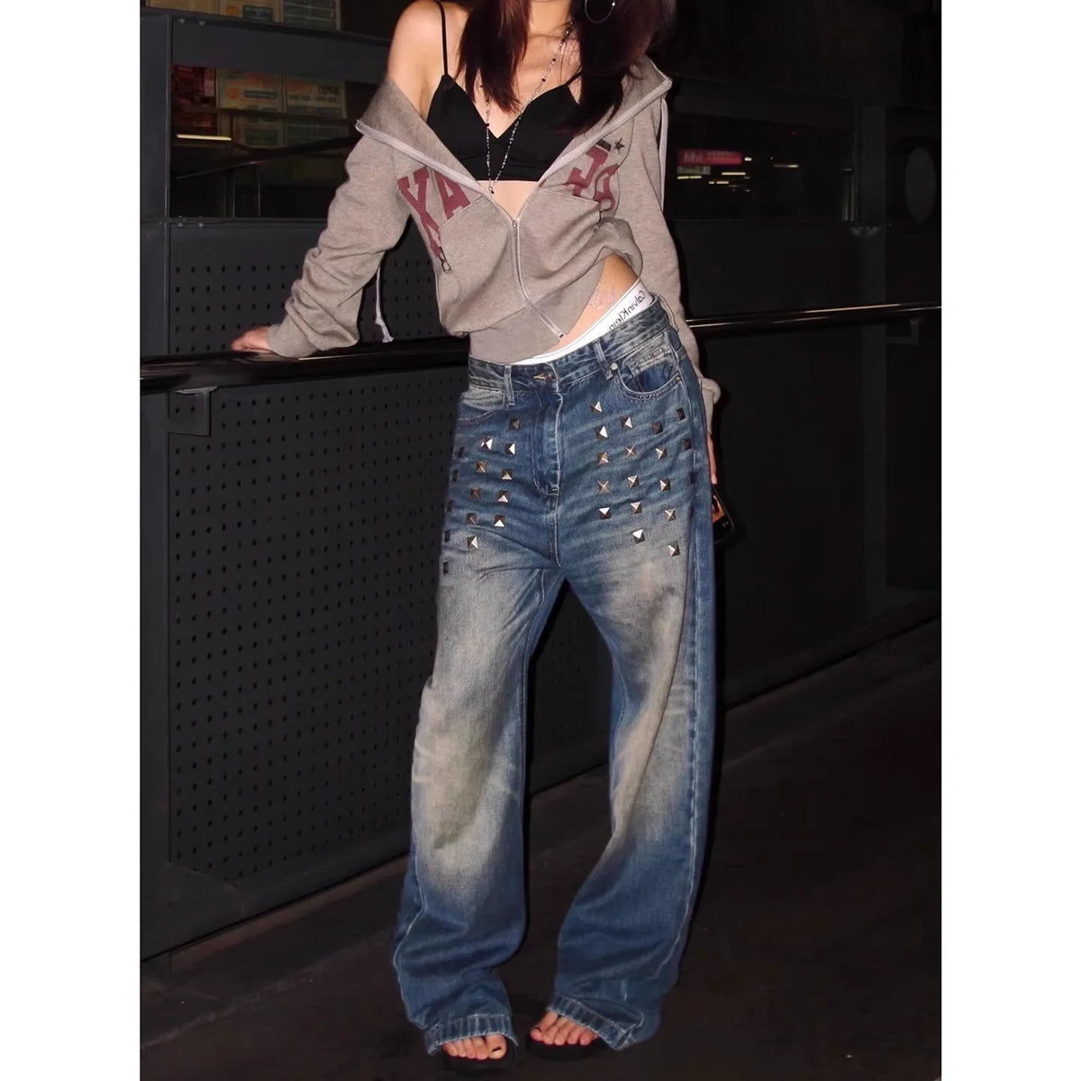 Women's Side Grommet Wide Leg Denim Jeans For Everyday Outfits
