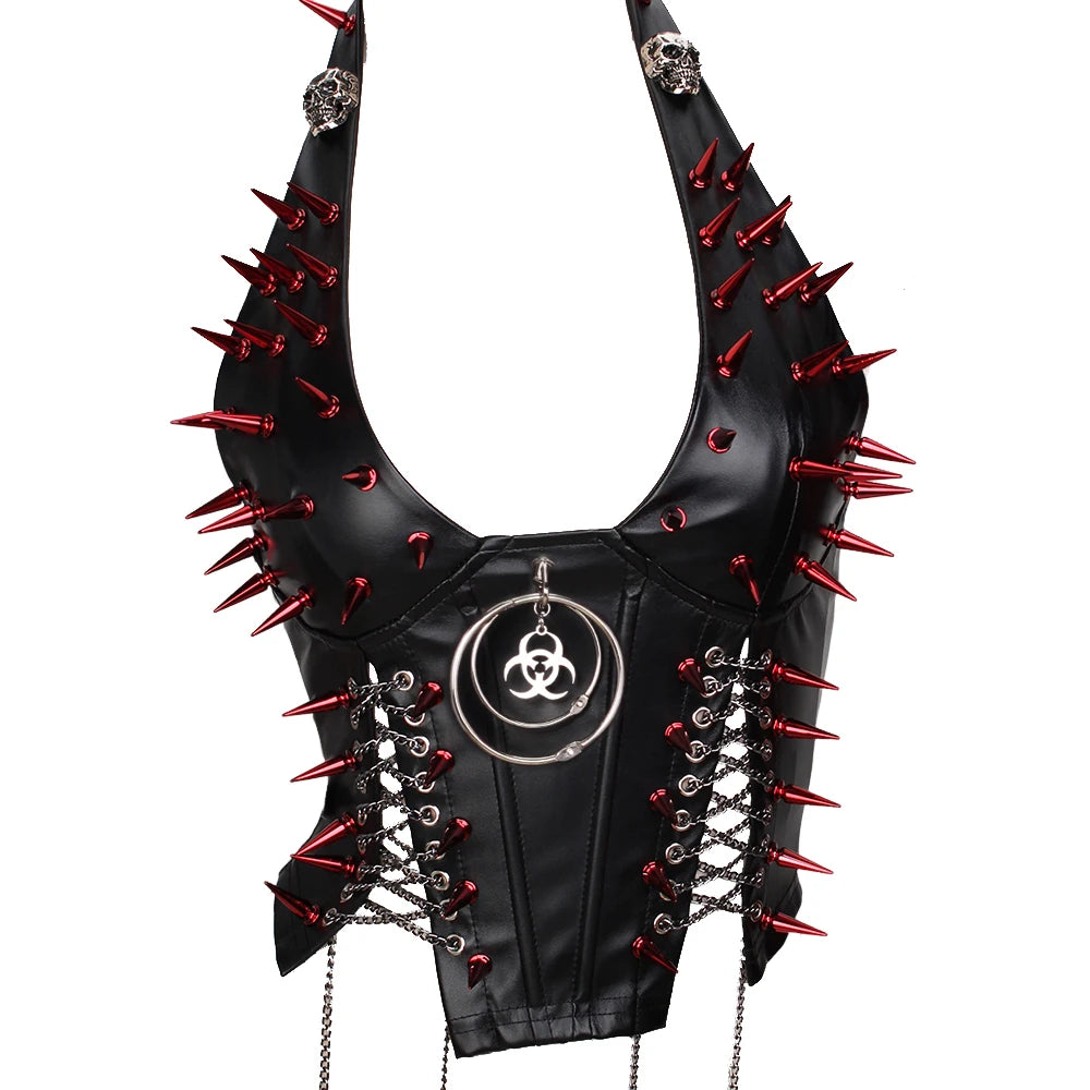 Women's Studded Crop Top with Decorative Spikes and Lace-Up Side Detailing