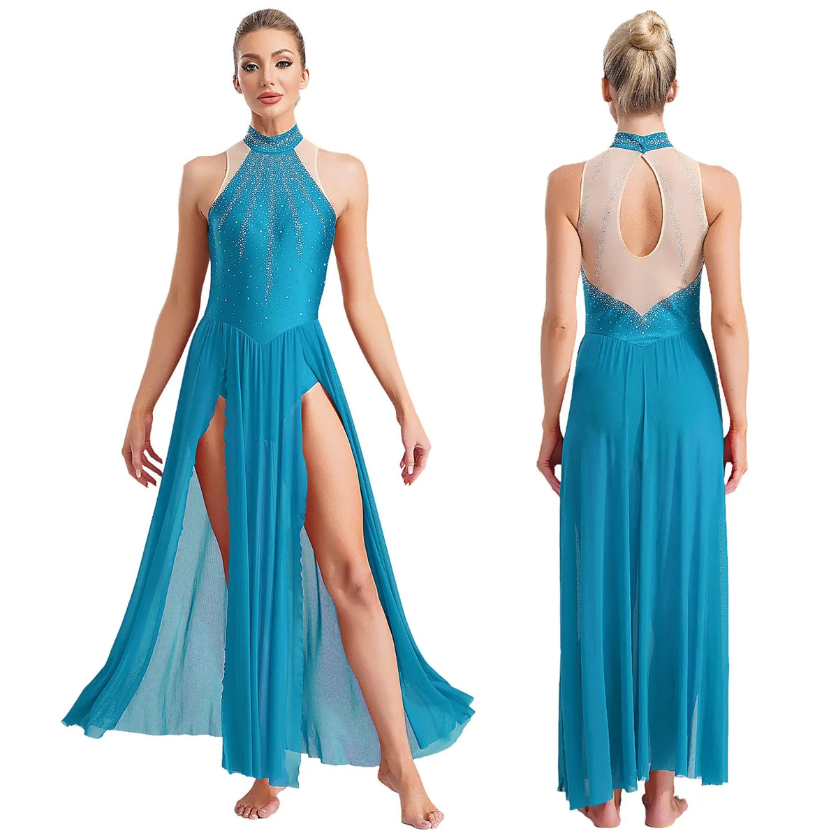 Women's Sleeveless Rhinestone Lyrical Dance Dress with Long Split Mesh Skirt