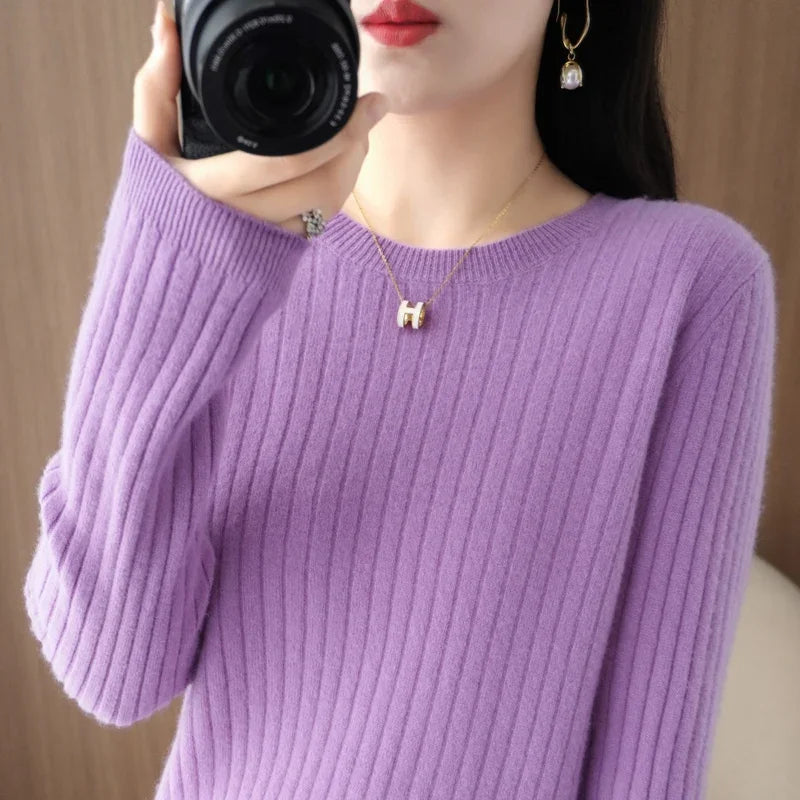 Women's Ribbed Crew Neck Long Sleeve Sweater Casual Knit Layer