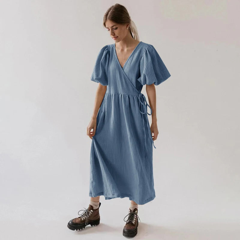Women's Cotton V-Neck Short-Sleeve Loose A-Line Midi Dress for Casual Summer Outfits