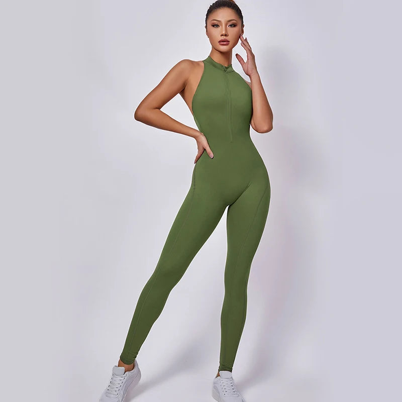 Women's Sleeveless Nylon Blend Zip Front Workout Jumpsuit with Open Back