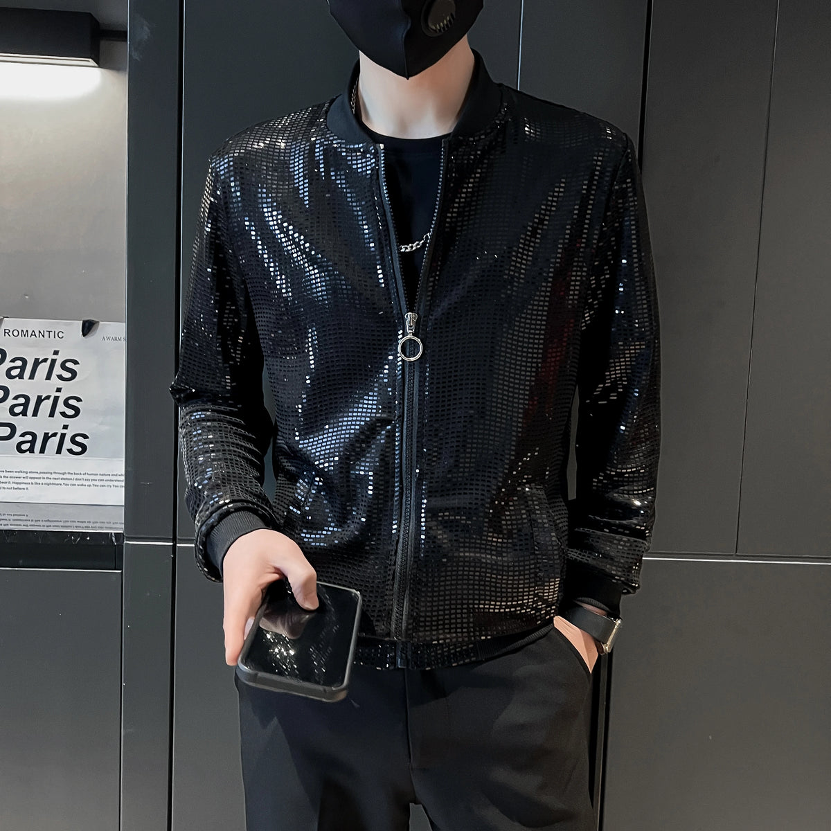 Metallic Finish Long Sleeve Front Zip Casual Bomber Jacket