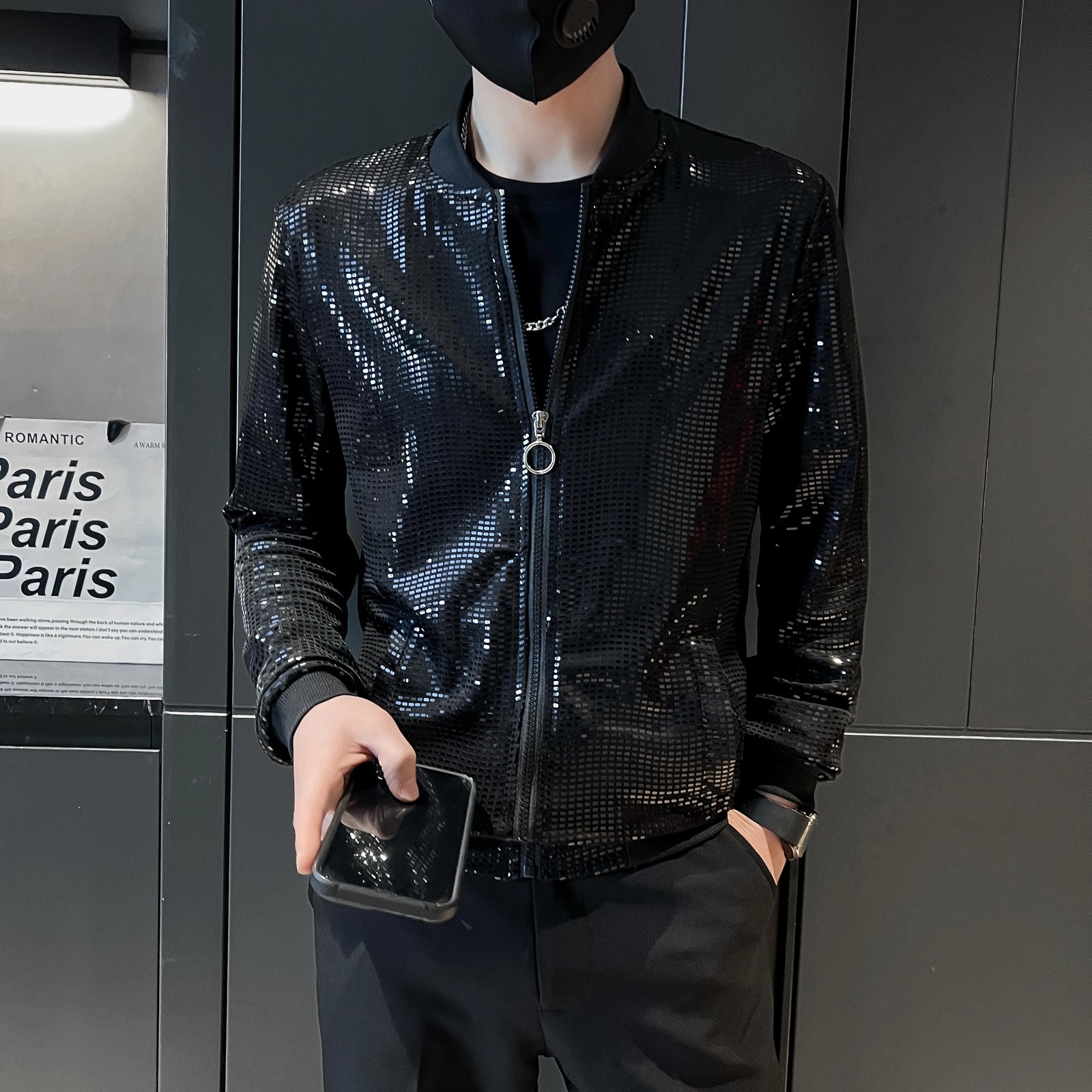 Metallic Finish Long Sleeve Front Zip Casual Bomber Jacket