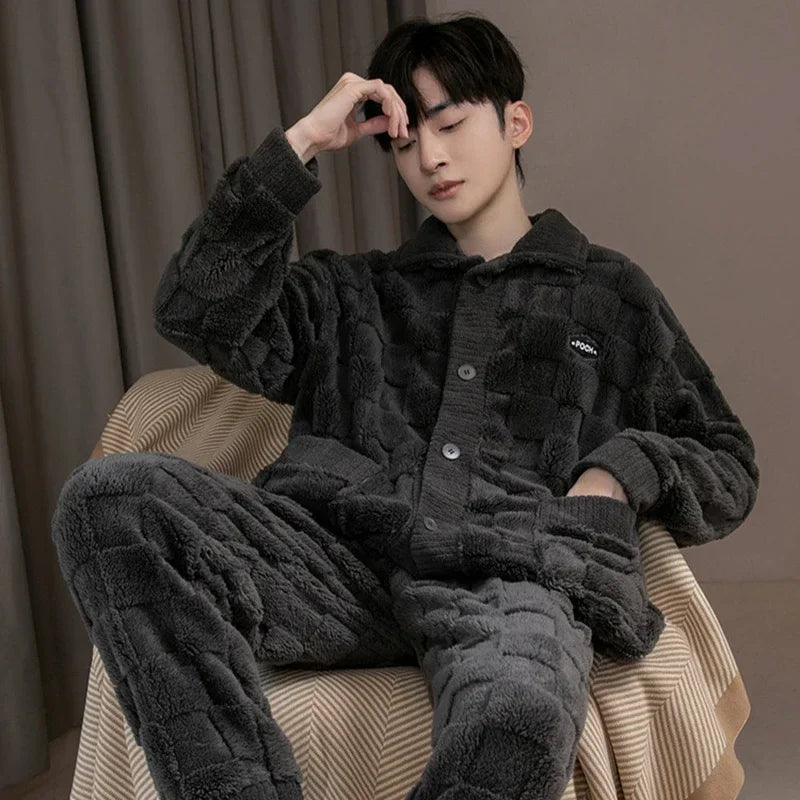 Men's Plush Button Front Shirt and Pants Pajama Set