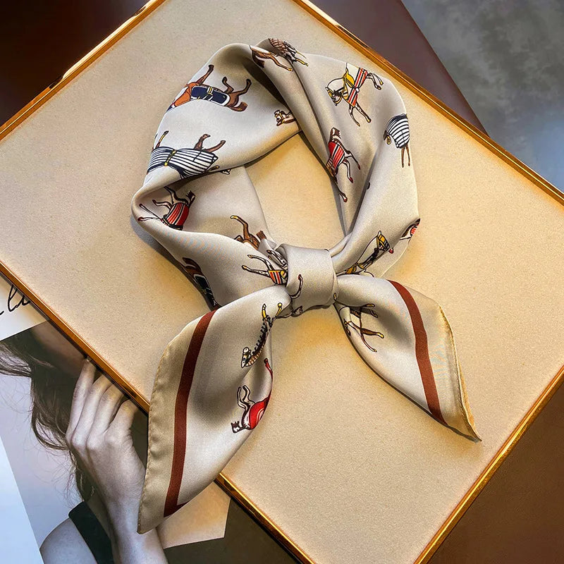 Horse Print Square Scarf with Decorative Patterned Border