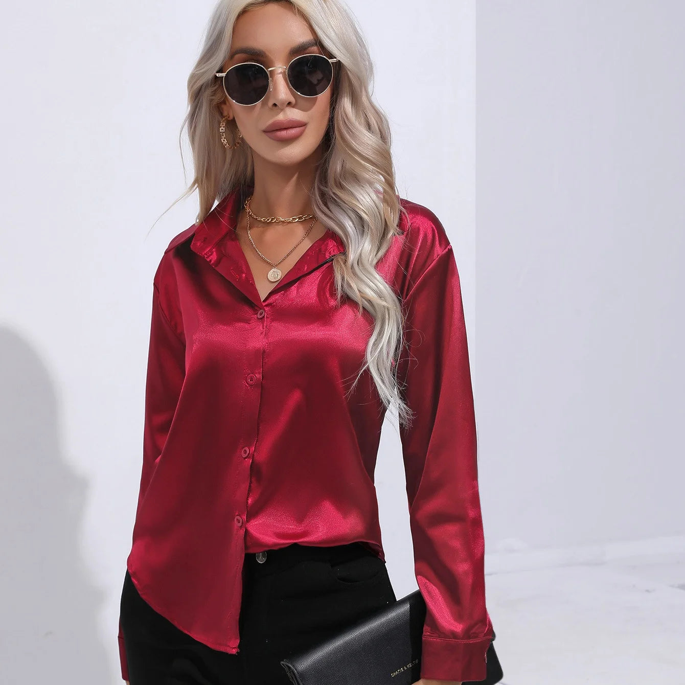 Women's Button Front Satin Look Shirt