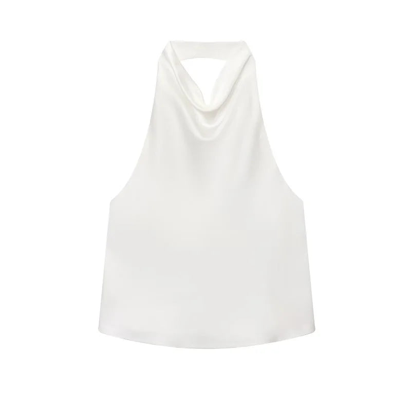 Women's Satin Polyester Halter Camisole with an Open Back and Draped Front