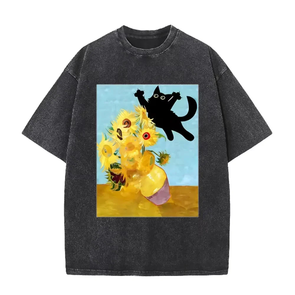 Van Gogh Sunflower Black Cat Parody Print Vintage Washed Purple Casual Art T Shirt