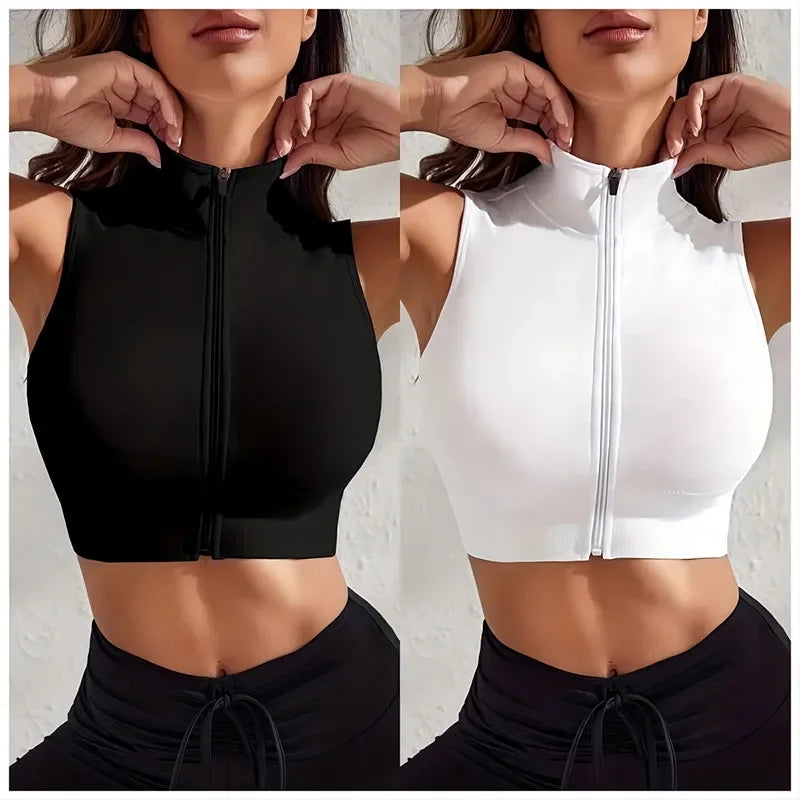 Women's Mock Neck Sleeveless Zip Front Crop Top