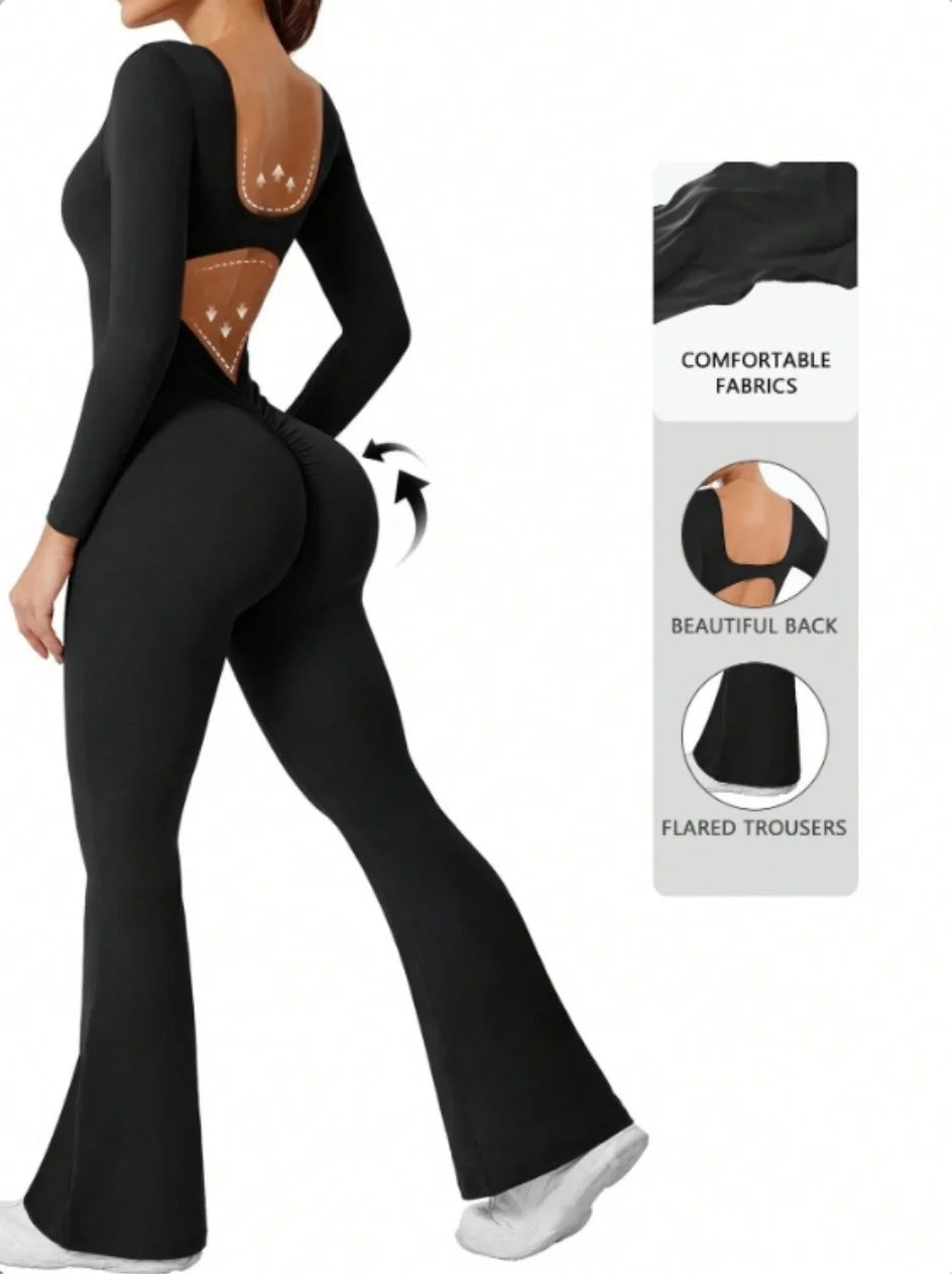 Women's Long Sleeve Nylon Blend Flared Workout Jumpsuit with Double Back Cutouts