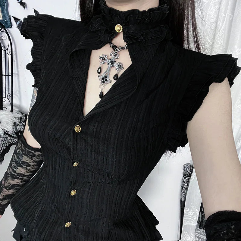 Women's Fitted Ruffled Sleeveless Button Front Vest
