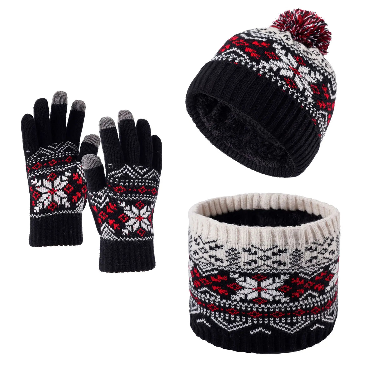 Children's Snowflake Knitted Hat Scarf and Gloves Set for Winter Wear