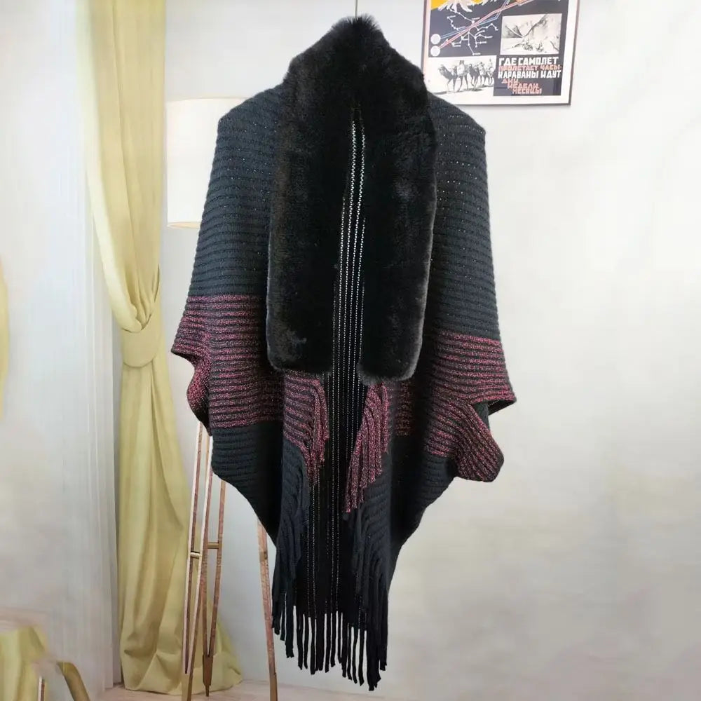 Plush Collar Ribbed Fringe Poncho for Layering over Outfits