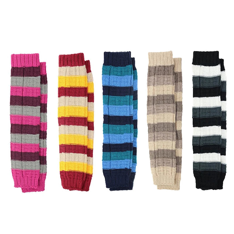 Striped Knit Calf Leg Warmers with Stirrup Foot Shape