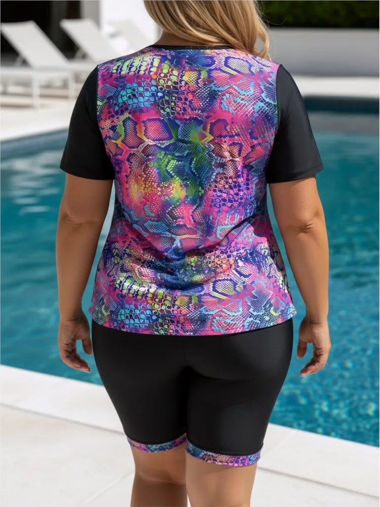 Women's Printed Short Sleeve Swim Top and Long Shorts Set