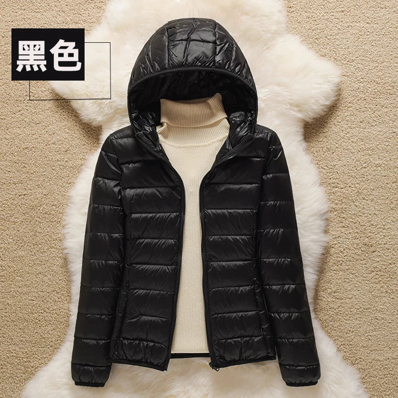 Women's Nylon-Polyester Hooded Zip-Front Duck-Down Puffer Jacket for Casual Winter Layered Outfits