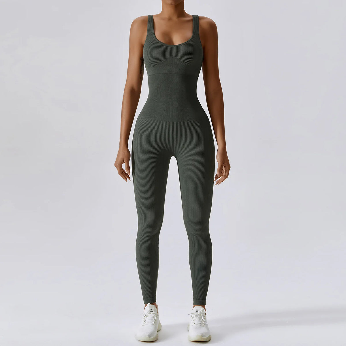 Women's Ribbed Nylon Blend Sleeveless Workout Jumpsuit with Scoop Neck
