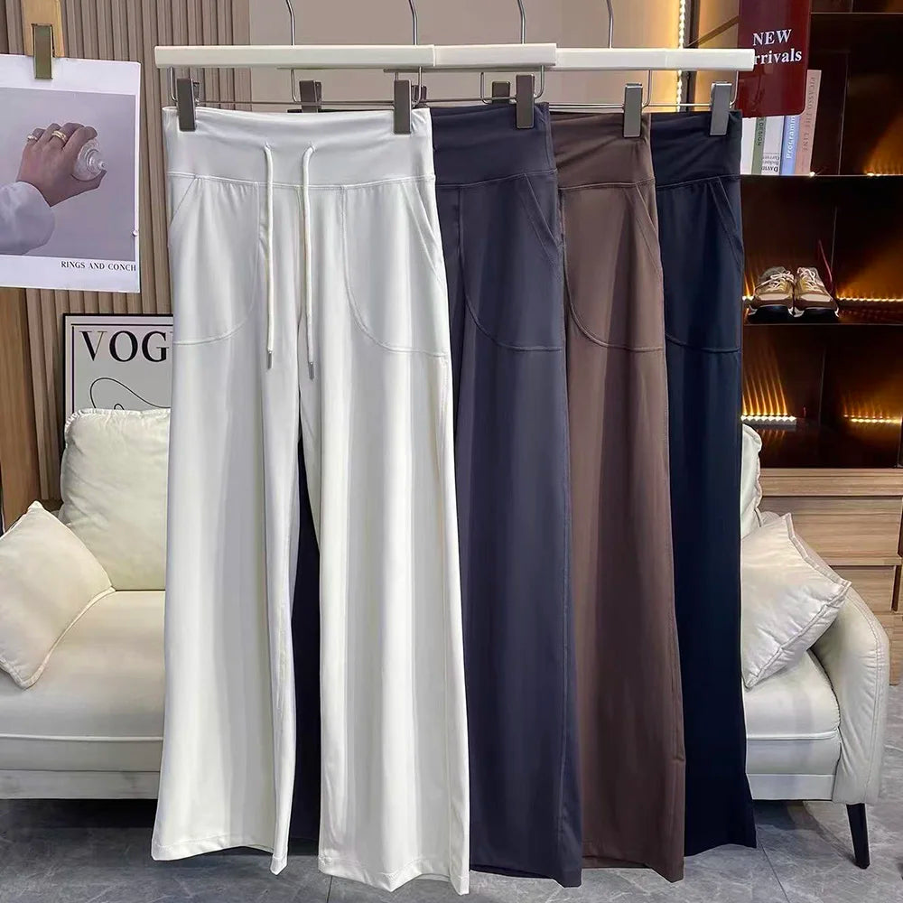 Women's Drawstring Waist Nylon Blend Wide Leg Pants with Side Pockets