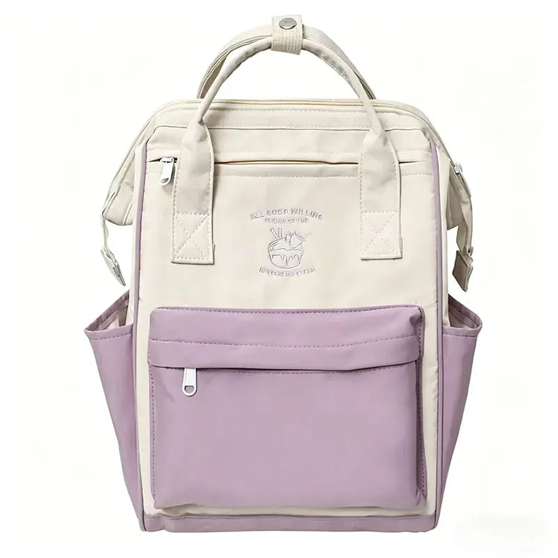 Colour Block Student Backpack with Twin Handles and Front Zipper Pocket