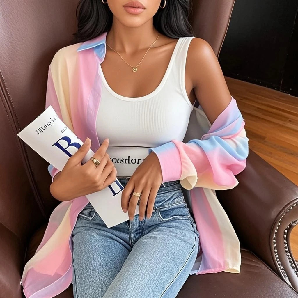 Women's Sheer Rainbow Stripe Long Sleeve Shirt