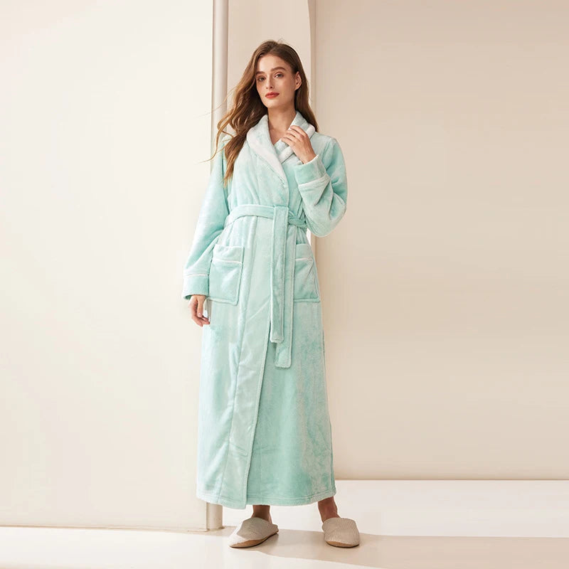 Long Flannel Fleece Tie Waist Bathrobe with Pockets