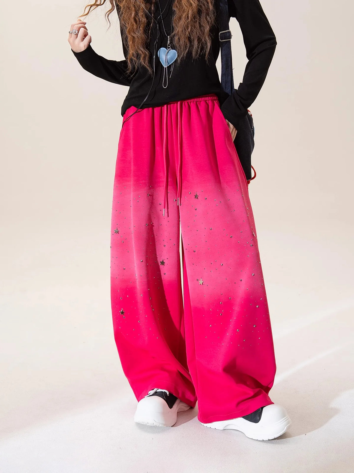 High Waist Gradient Color Wide Leg Casual Full Length Pants