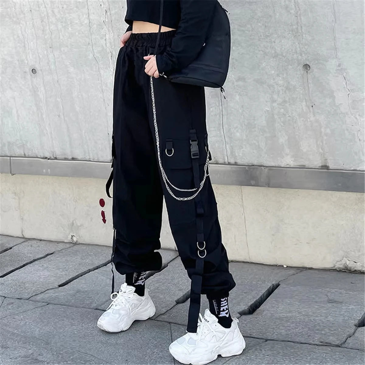 Women's Black Cargo Joggers with Chain Details and Multiple Pockets