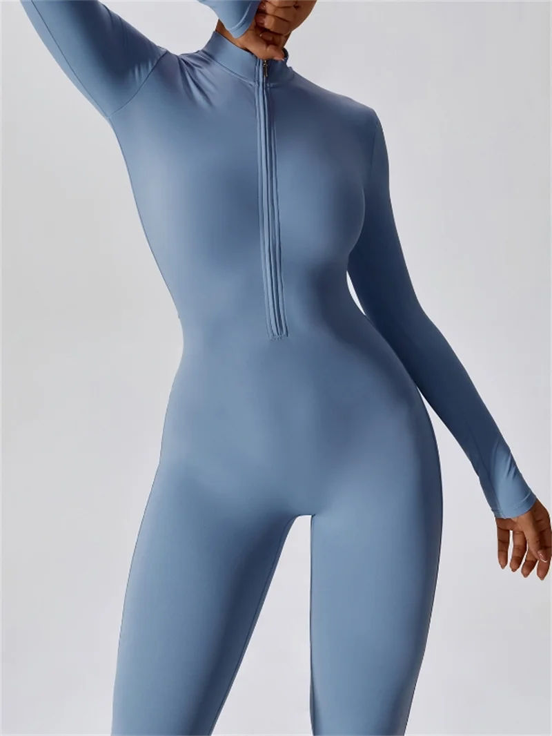 Women's Long Sleeve Nylon Blend Workout Jumpsuit with Half Zip Collar