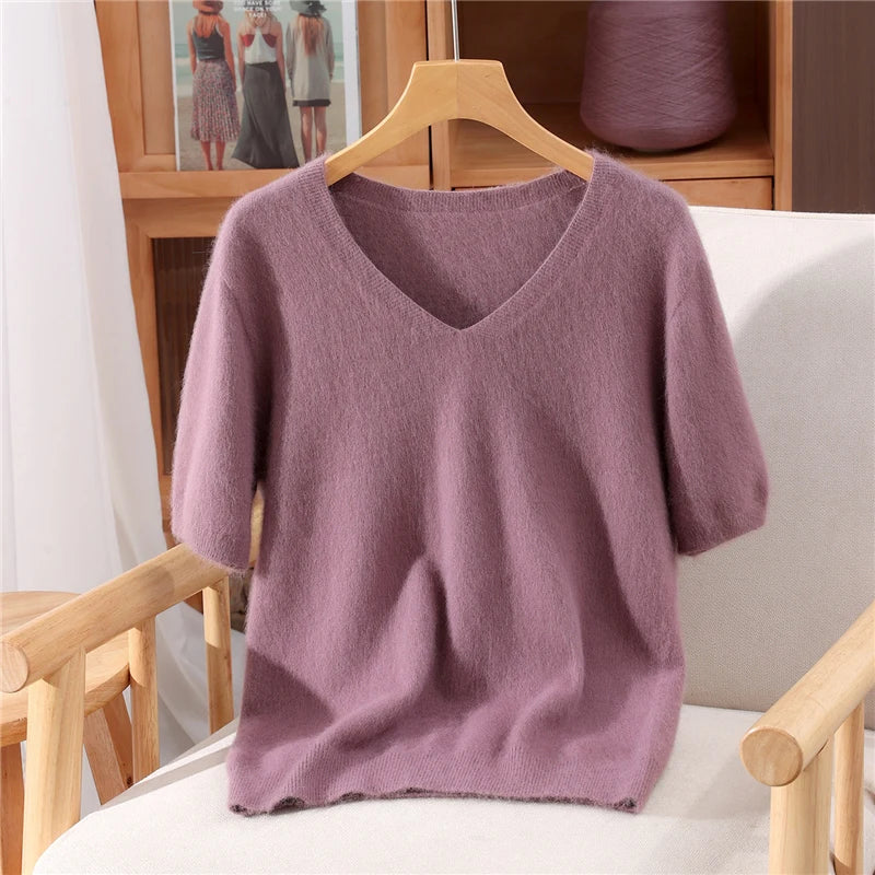 Women's V Neck Short Sleeve Sweater Casual Knit Layer