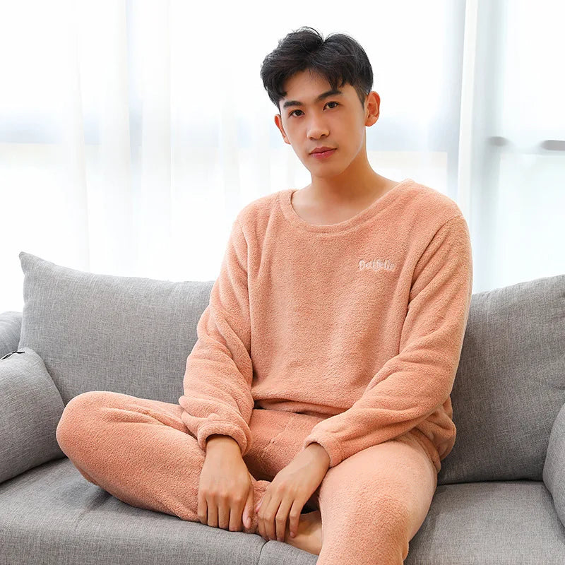 Men's Textured Long Sleeve Crew Neck Top and Pants Pajama Set