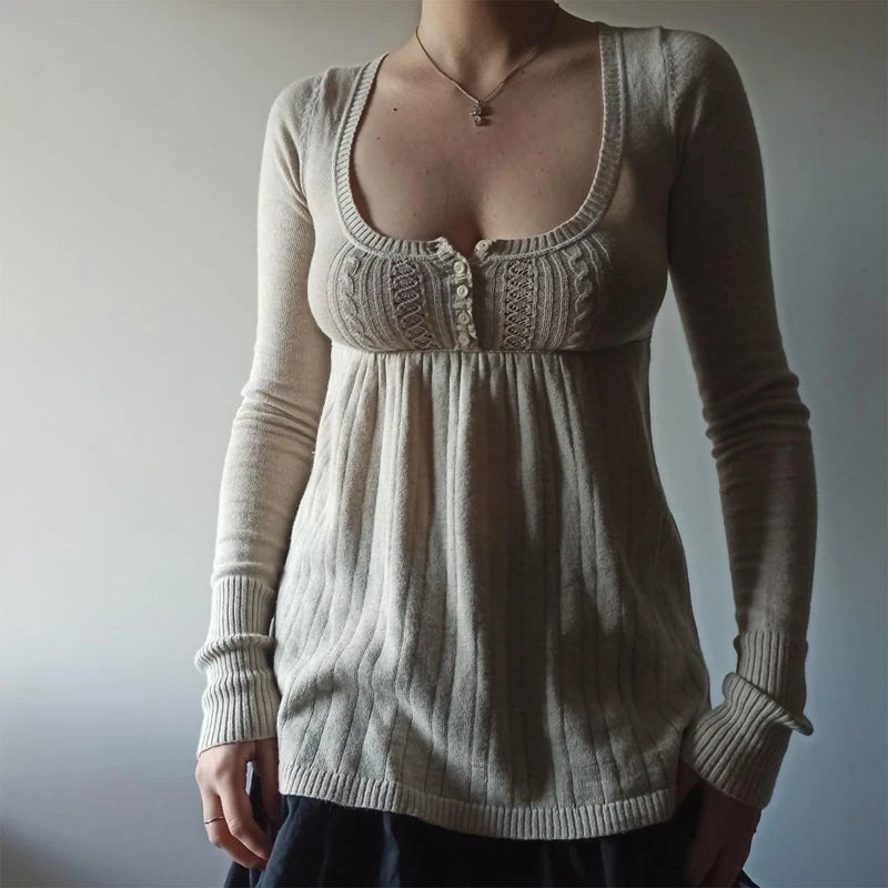 Women's Square Neck Lace Knit Sweater Casual Knit Layer