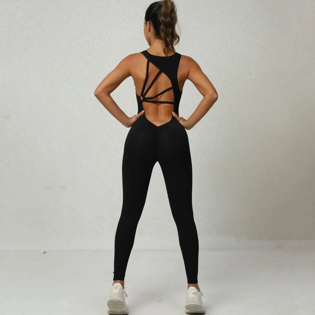 Women's Cross Back Workout Jumpsuit with Front Keyhole and Fitted Legs
