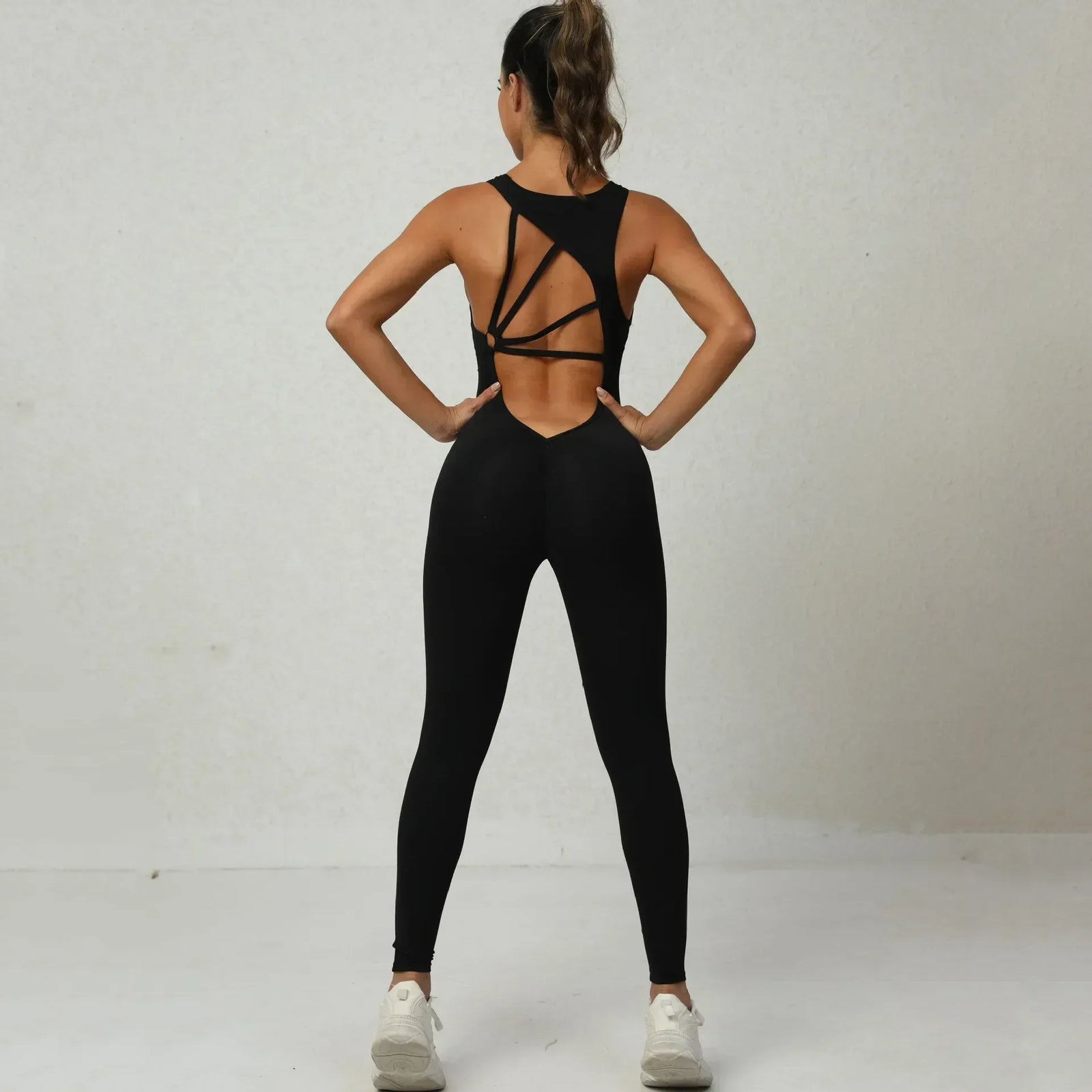 Women's Cross Back Workout Jumpsuit with Front Keyhole and Fitted Legs