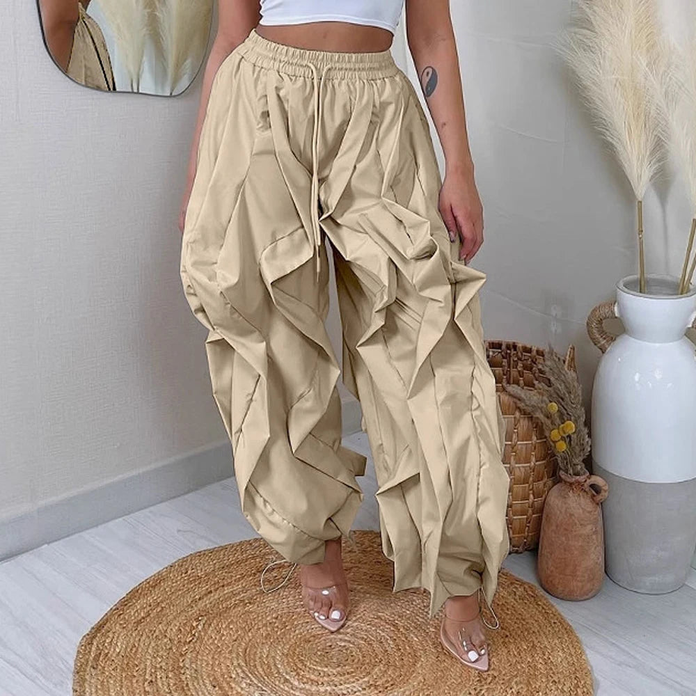 Women's Ruched Cargo Pants with Drawstring Waist and Gathered Cuffs