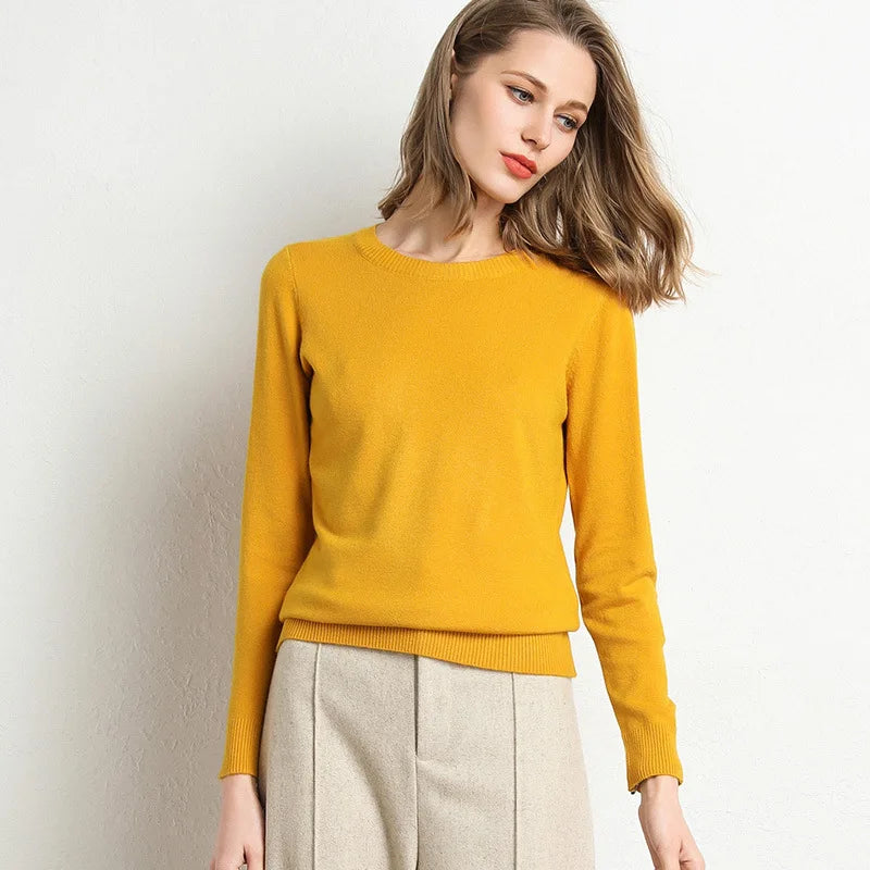 Women's Plain Crew Neck Long Sleeve Sweater Casual Knit Layer