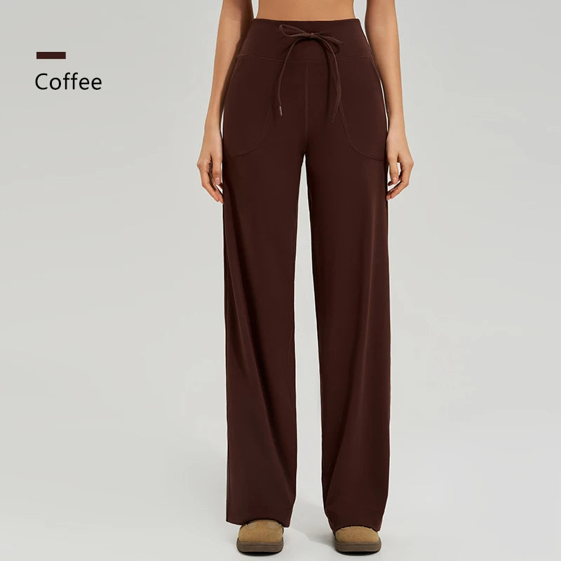 Women's Drawstring Waist Nylon Blend Wide Leg Workout Pants with Pockets