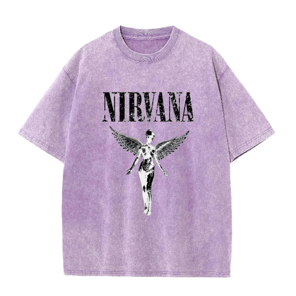 Vintage Distressed Washed Tee Nirvana Grunge Rock Silver Angel Skeleton Print Loose Fit Short Sleeve T Shirts