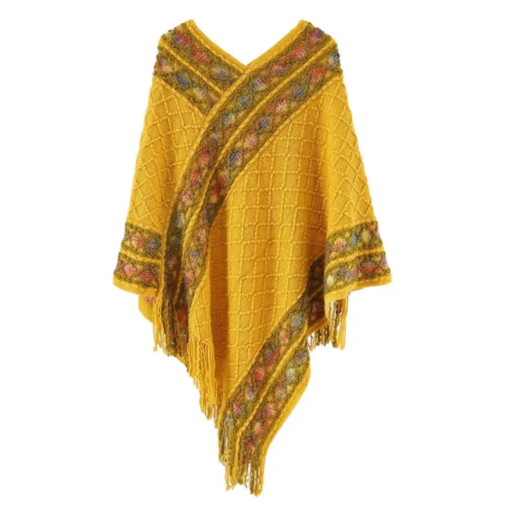 Patterned Fringe Hem Poncho for Layering over Outfits