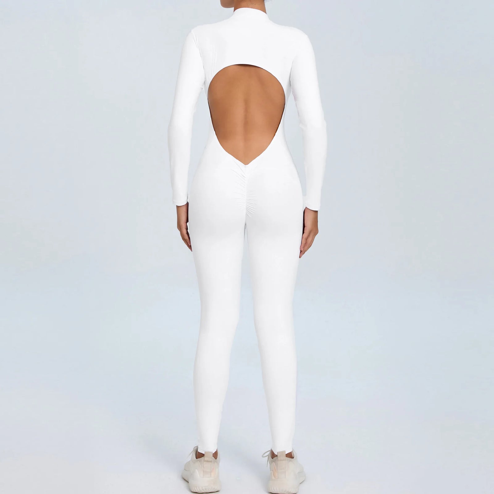 Women's Long Sleeve Nylon Blend Workout Jumpsuit with Oval Back Cutout