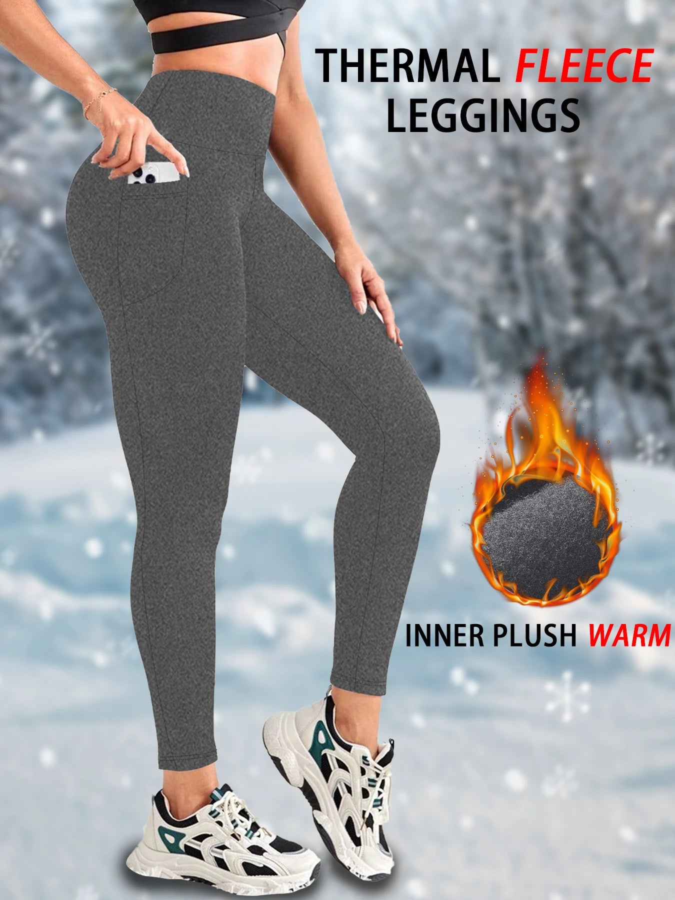 Women's High-Waist Fleece-Lined Leggings with Side Pockets